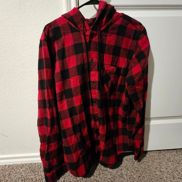 Mens Original Use Red Black Buffalo Plaid Hooded Flannel Shirt - Picture 1 of 4